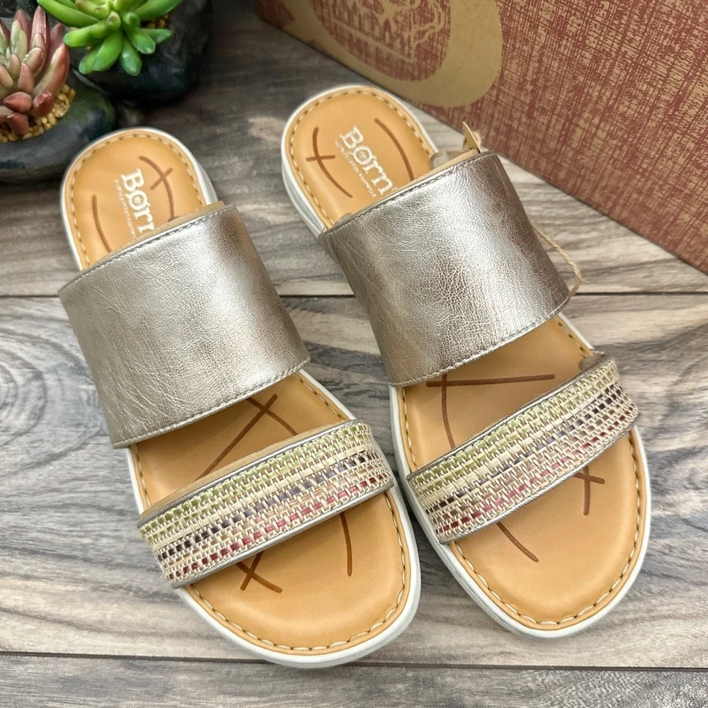 NIB Born Shore Slide Sandal Light Gold Leather Fabric Combo - Picture 2 of 12